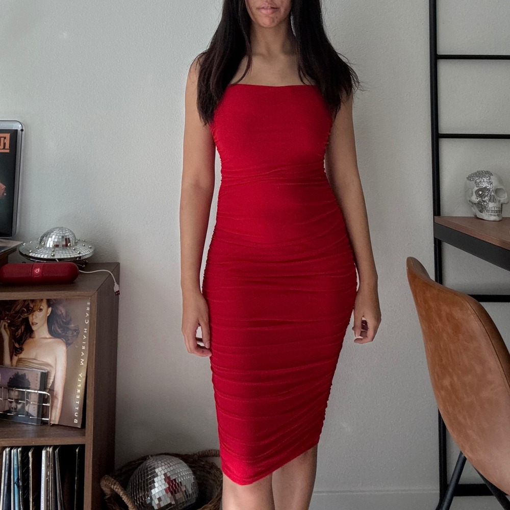 B. Darlin Red Ruched Mesh Bodycon Midi‎ Dress Spaghetti Strap Cocktail Dress